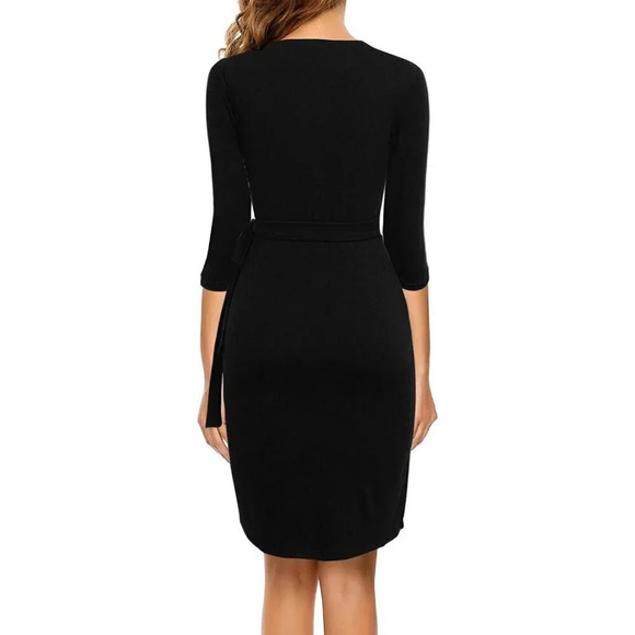 Women's 3/4 Sleeve V-Neck Casual Party Work Faux Black Wrap Dresses - Black - Picture 2 of 6